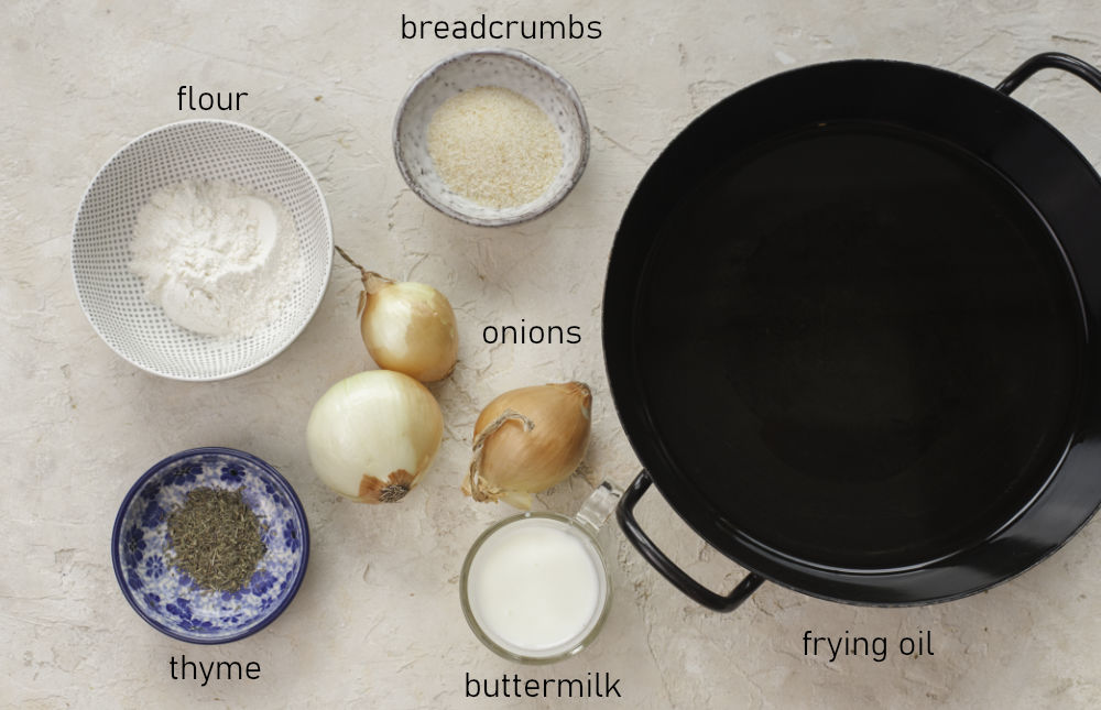 Labeled ingredients for homemade fried onions.