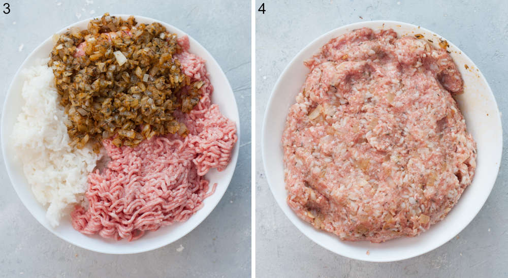 Ingredients for golabki filling in a white bowl. Cabbage rolls filling in a white bowl.