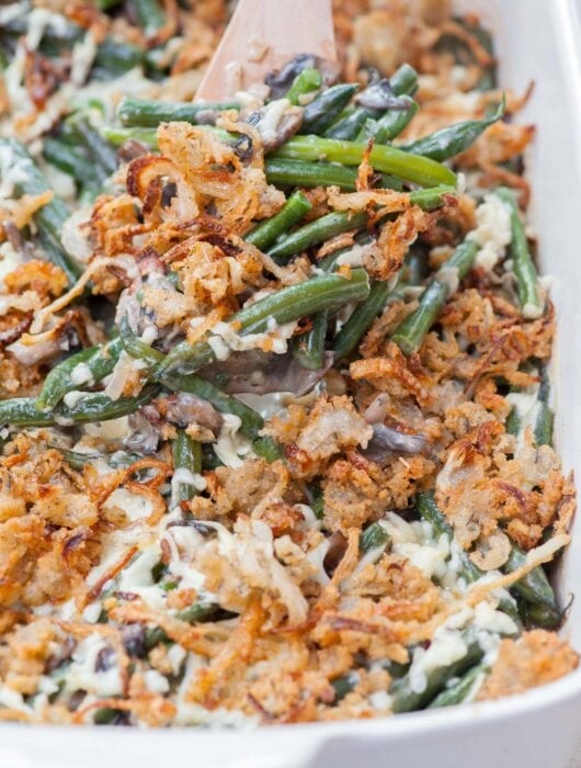 Green bean casserole in a white baking dish.