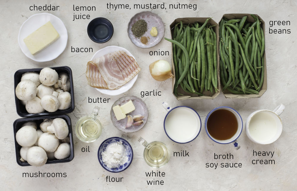 Labeled ingredients for green bean casserole.