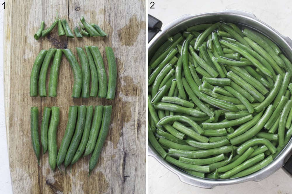 Trimmed green beans cut in half on a wooden board. Green beans are being cooked in a pot.