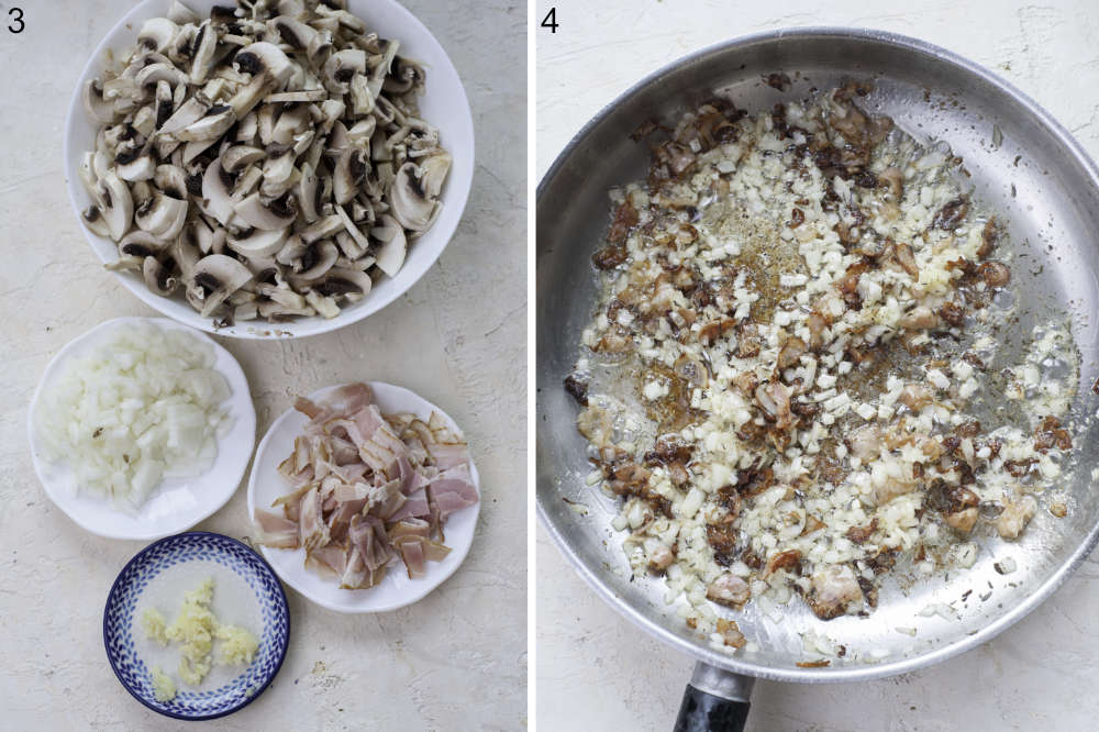 Chopped ingredients for a mushroom sauce. Sauteed onions with garlic and bacon in a pan.