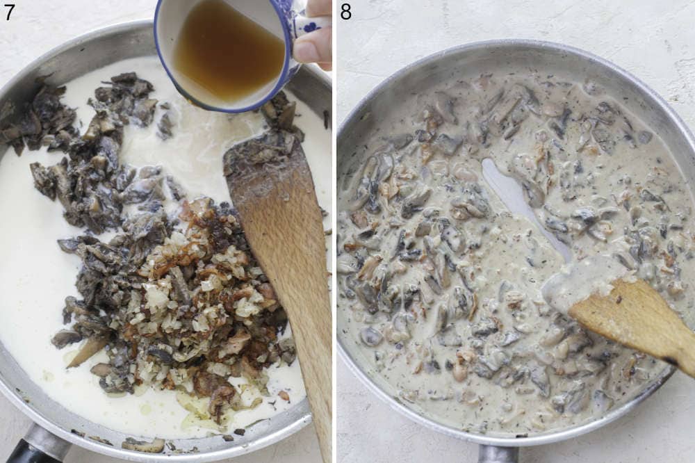 Broth is being added to a mushroom sauce in a pan. Mushroom sauce in a pan.