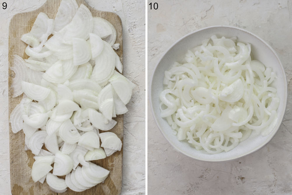 Sliced onions on a wooden board. Onions soaked in buttermilk in a white bowl.