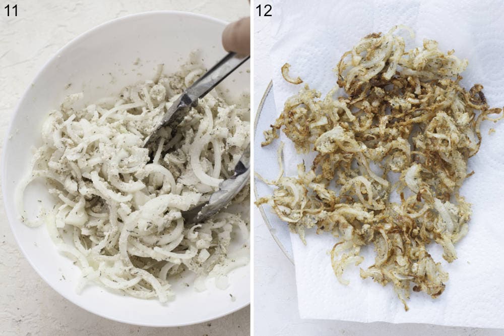 Onions tossed in a breadcrumb flour mixture in a white bowl. Fried onions on a plate lined with paper towel.