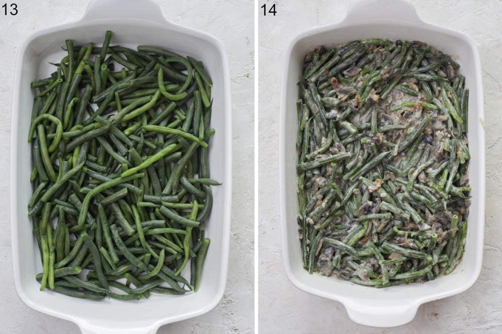 Cooked green beans in a casserole dish. Green beans with mushroom sauce in a casserole dish.