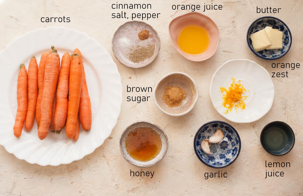 Labeled ingredients for honey glazed carrots.