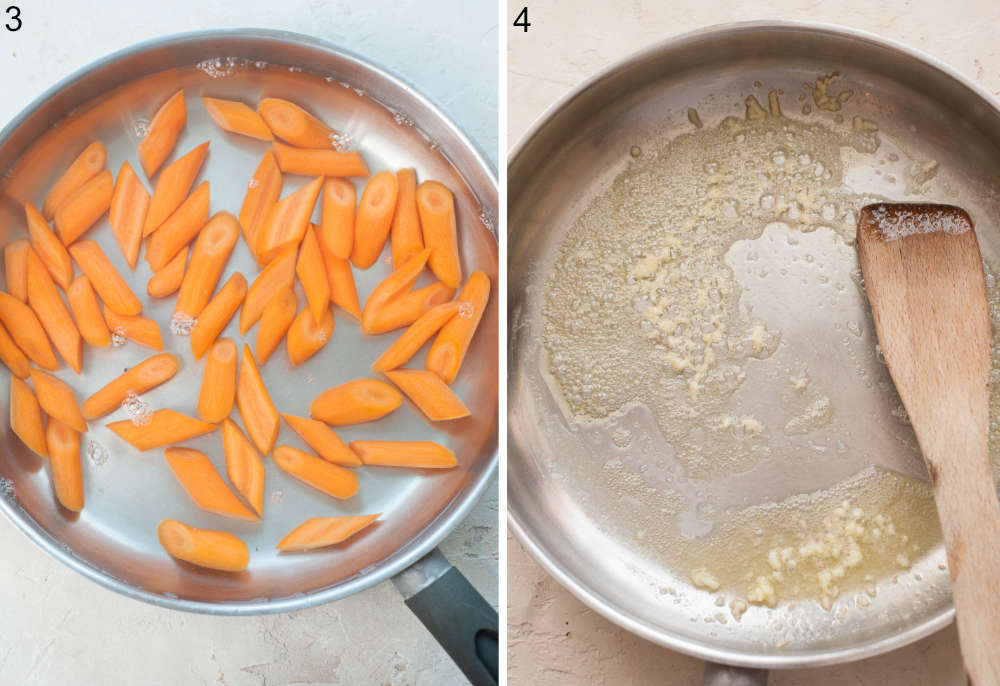 Carrots are being cooked in a pan. Garlic is being sauteed with butter in a pan.