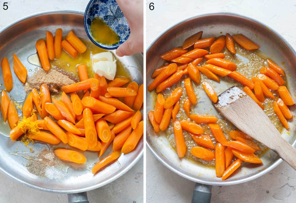 Honey glazed carrots are being cooked in a pan.