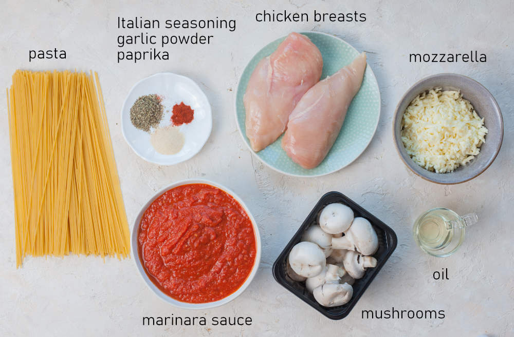 Labeled ingredients for mozzarella chicken with mushrooms.