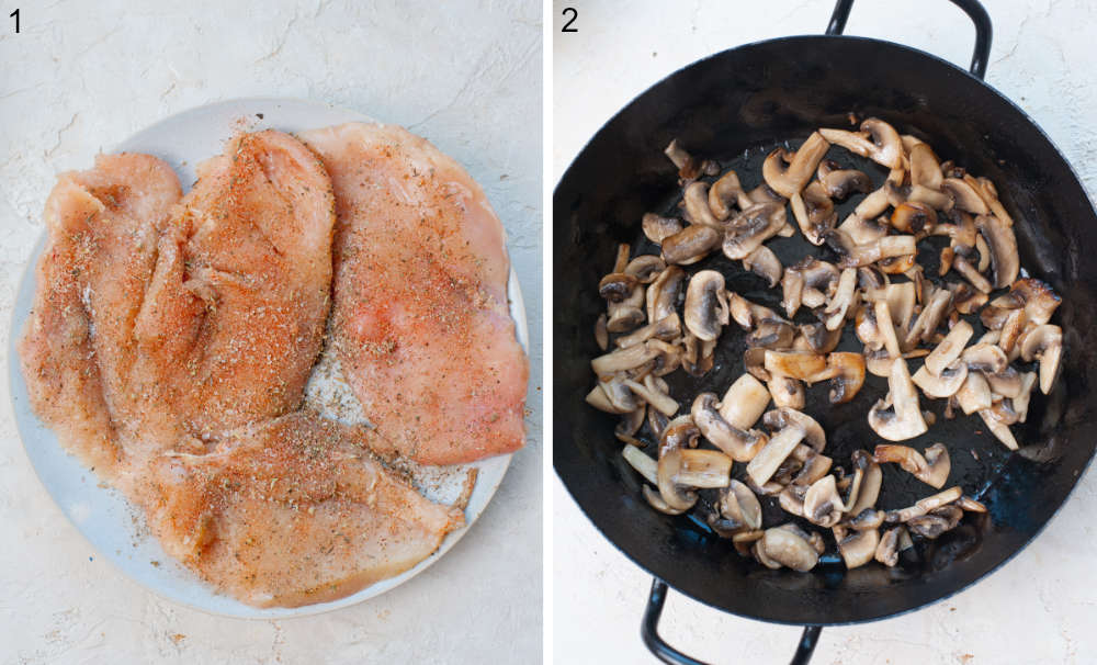 Chicken breasts with spices on a plate. Sauteed mushrooms in a black frying pan.