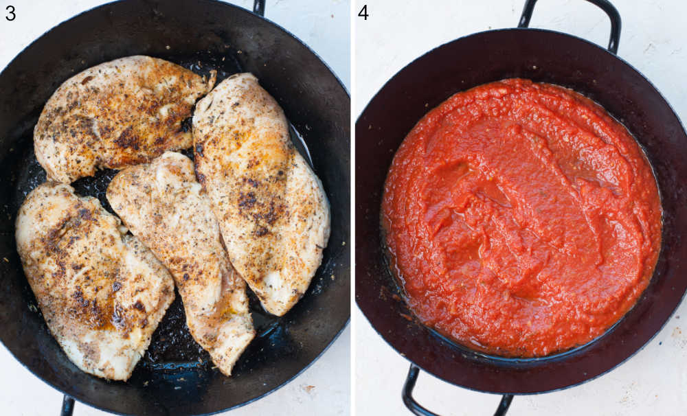 Pan-fried chicken breast in a black frying pan. Marinara sauce in a black frying pan.