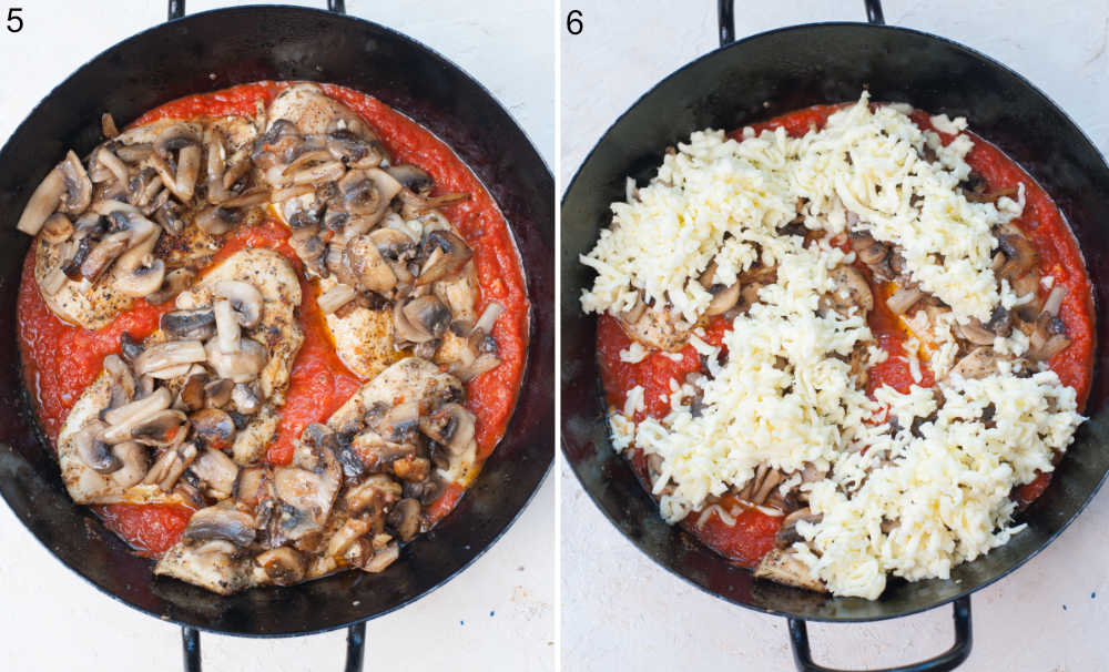 Chicken breast topped with mushrooms with marinara sauce in a frying pan. Chicken with mushrooms, cheese, and tomato sauce in a pan.