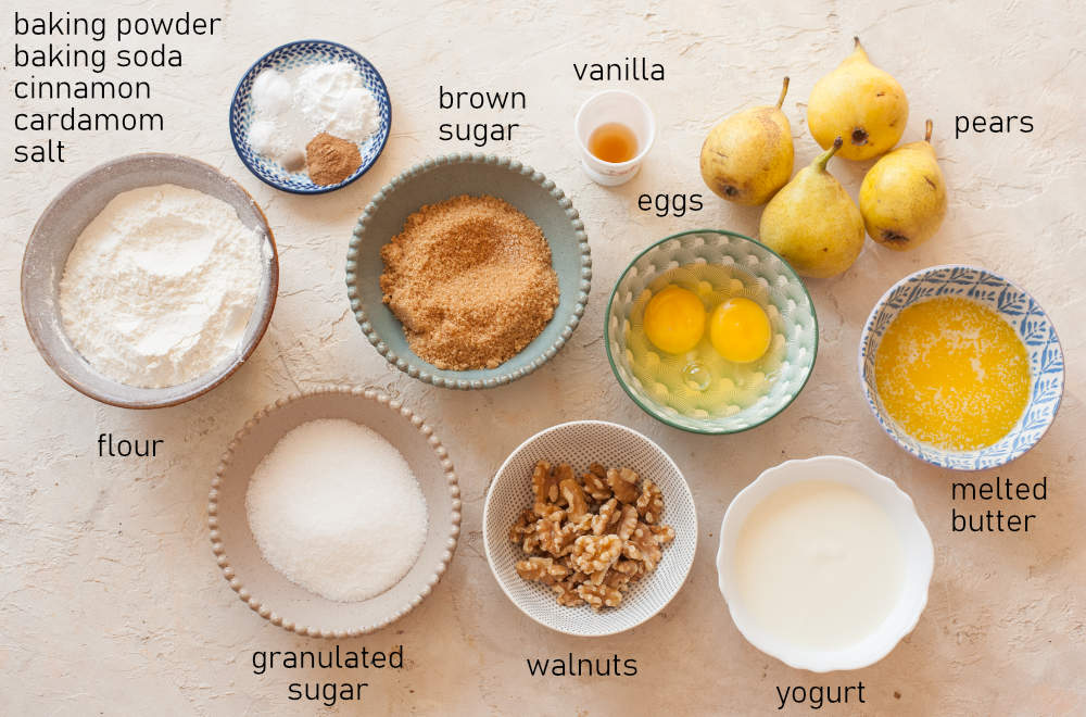 Labeled ingredients for pear muffins.