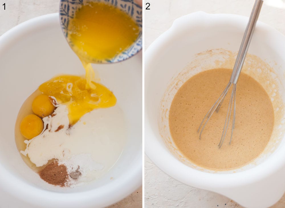 Butter is being added to a white bowl with ingredients for muffins. Whisked wet ingredients for muffins in a white bowl.