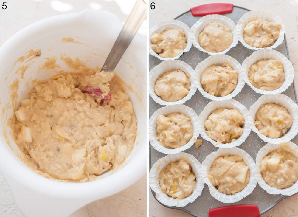 Pear muffin batter in a white bowl. Pear muffin batter in a muffin pan.