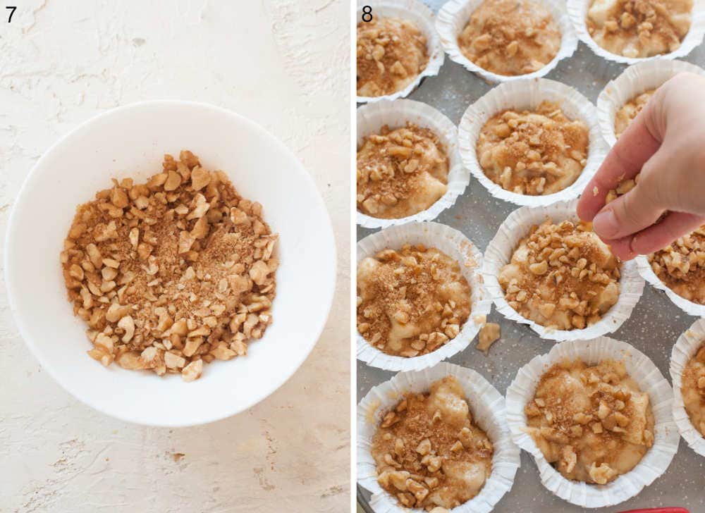 Brown sugar walnut cinnamon topping in a bowl. Muffin batter is being sprinkled with sugary topping.