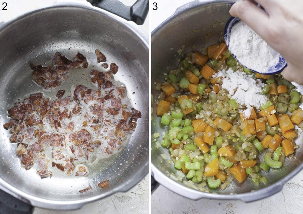 Cooked bacon in a pot. Flour is being added to sauteed vegetables in a pot.