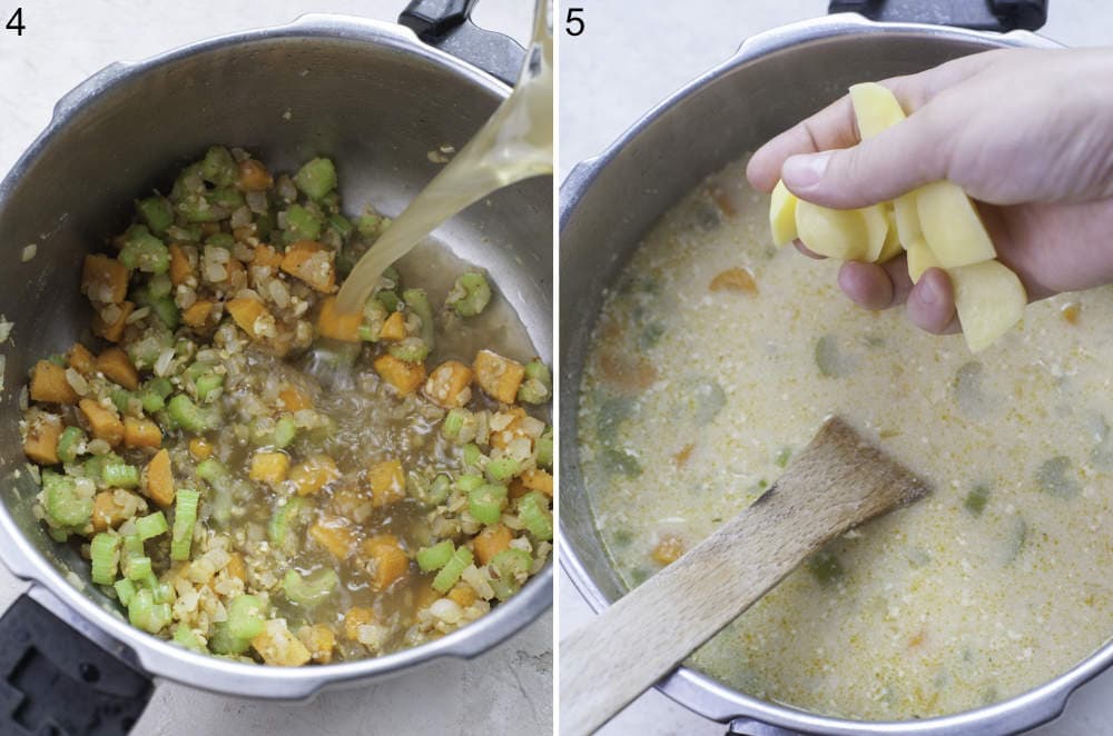 Broth is being added to sauteed vegetables in a pot. Potatoes are being added to the soup.