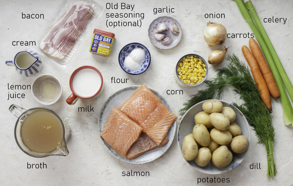 Labeled ingredients for salmon chowder.