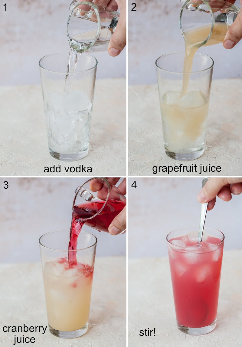 A collage of 4 photos showing how to make sea breeze cocktail step by step.