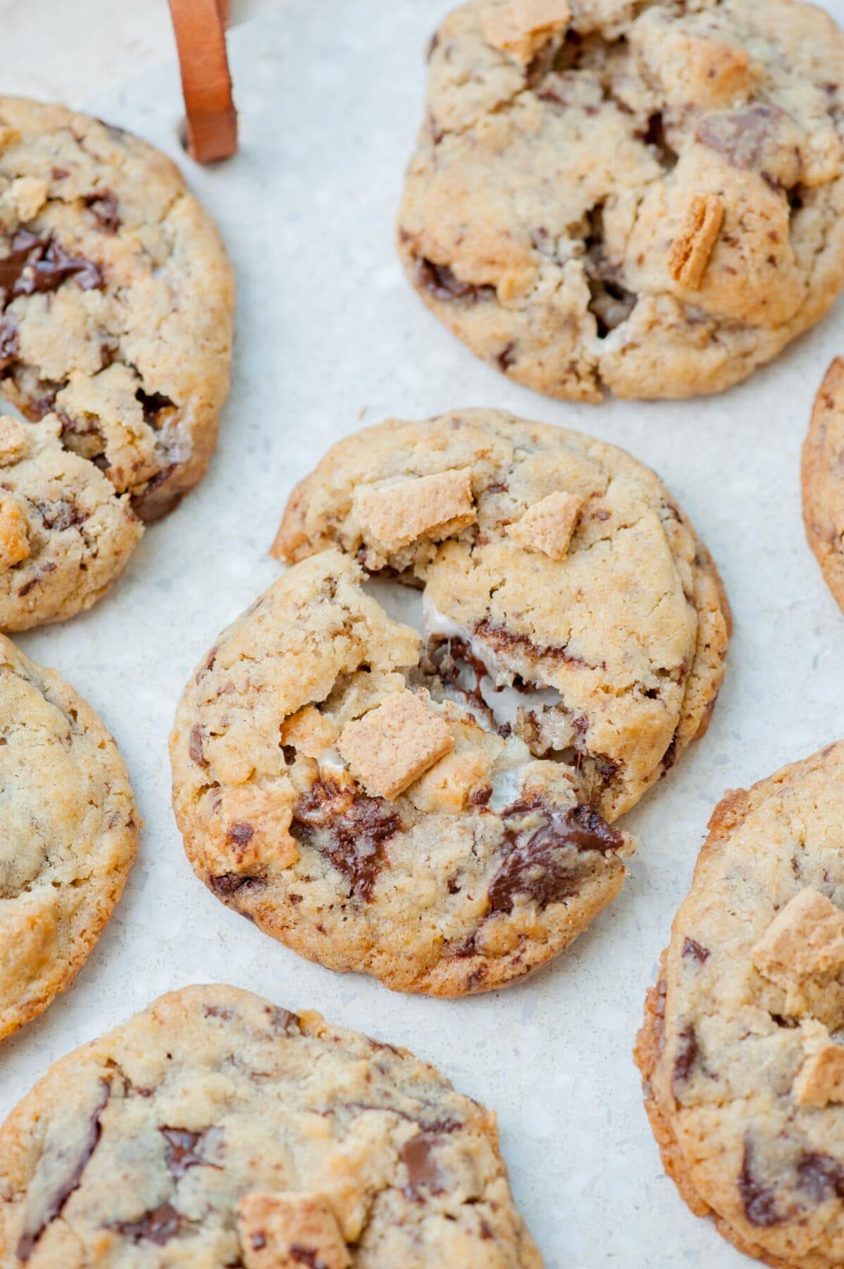 S'mores cookies on a grey background.