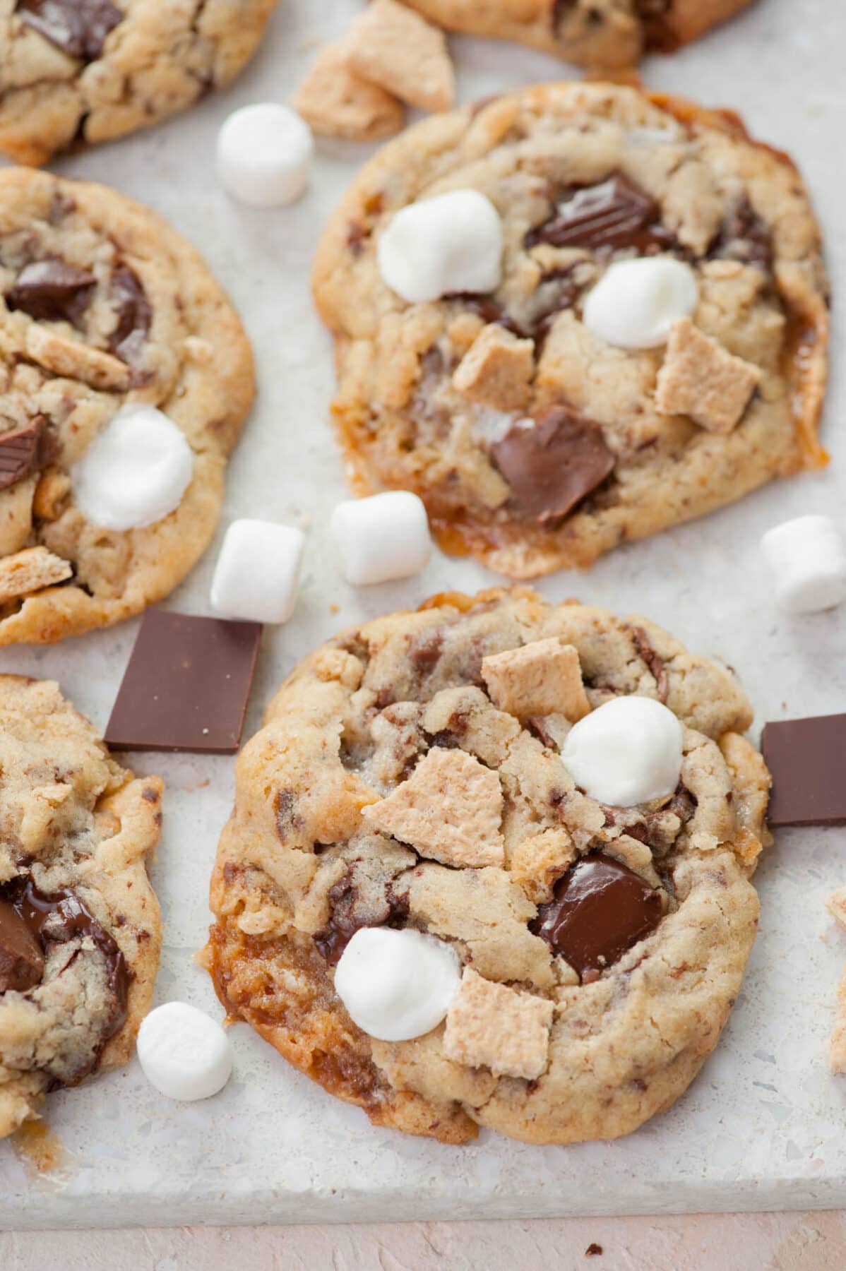 S'mores cookies on a grey background.