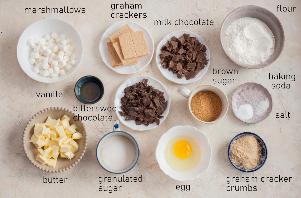 Labeled ingredients needed to prepare s'mores cookies.