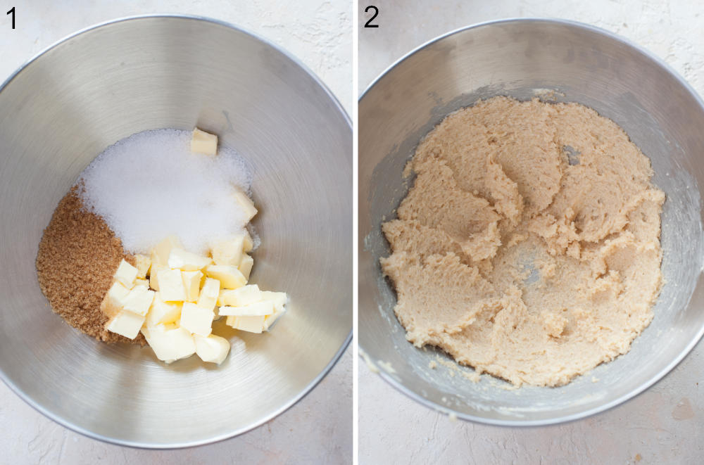 Butter and sugar in a bowl. Creamed butter with sugar in a bowl.