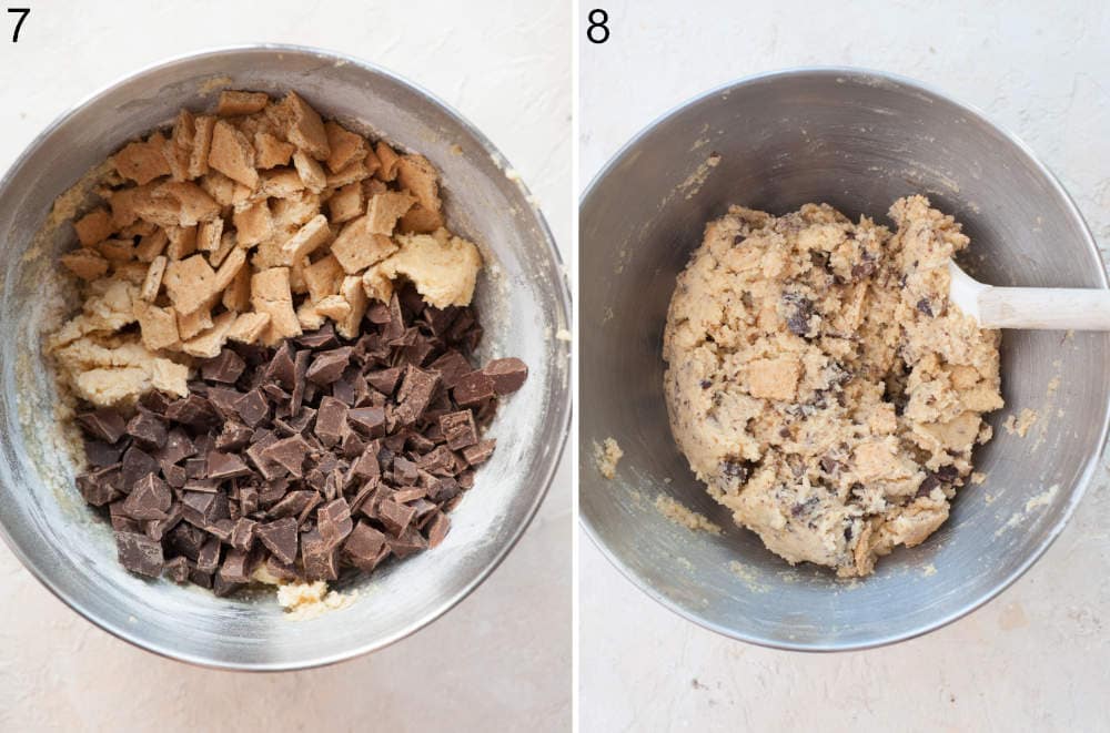 Cookie dough with chopped chocolate and small graham cracker pieces in a bowl.