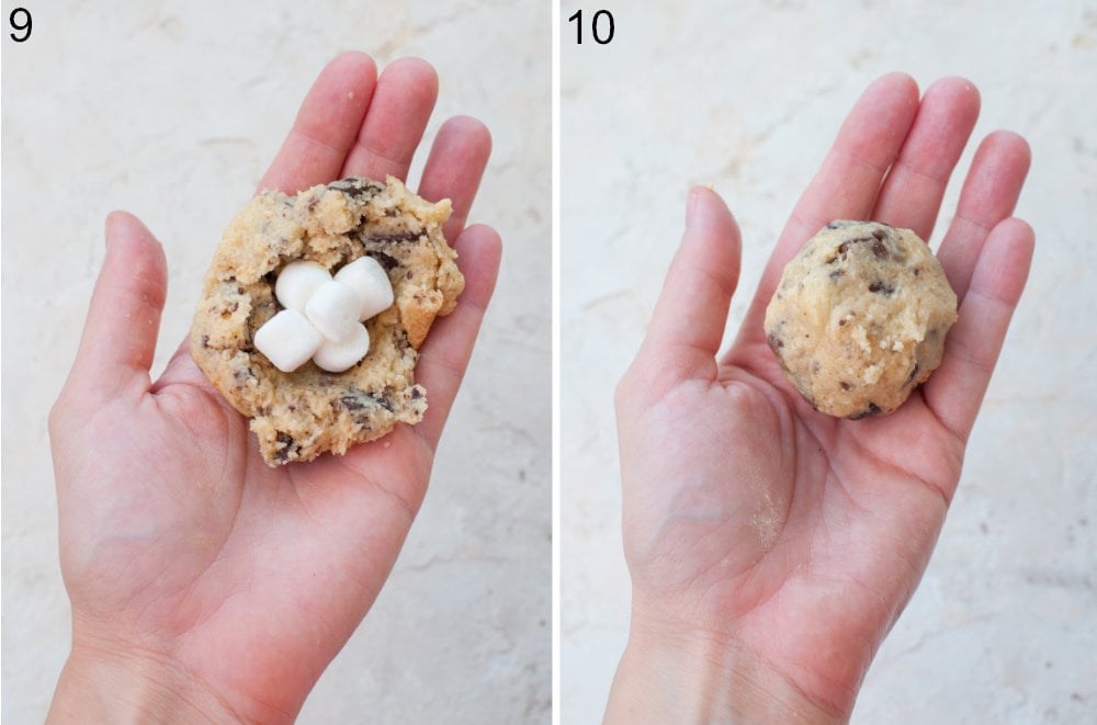 Piece of cookie dough with marshmallows on top held in a hand. Cookie dough ball held in a hand.