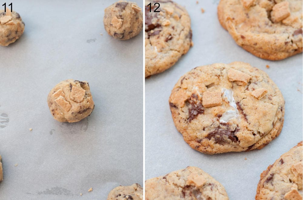 S'mores cookies ready to be baked on a baking sheet. Baked s'mores cookies on a baking sheet.