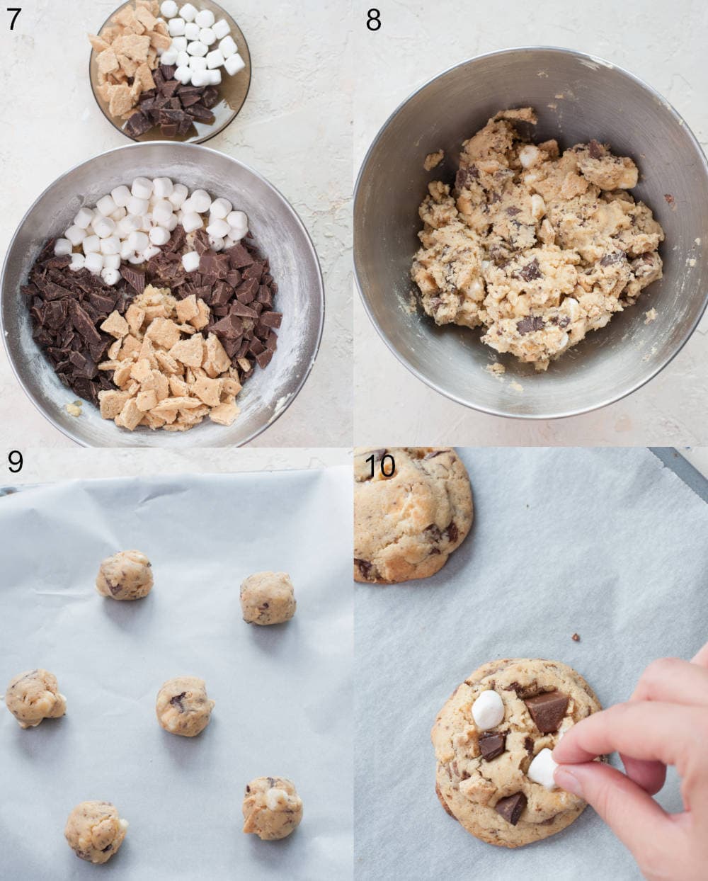 A collage of 4 photos showing how to make s'mores cookies a different way.