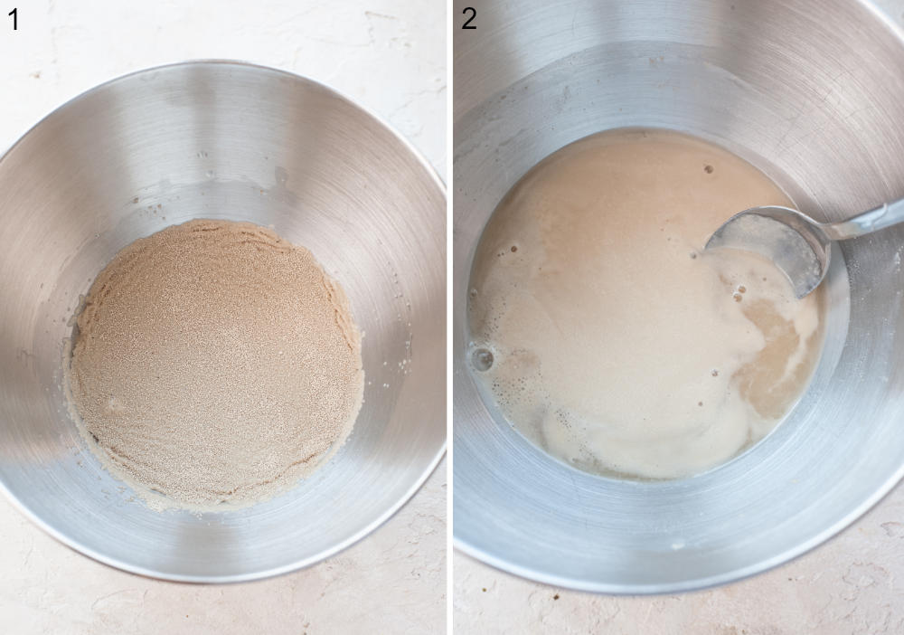 A collage of 2 photos showing proofing yeast.