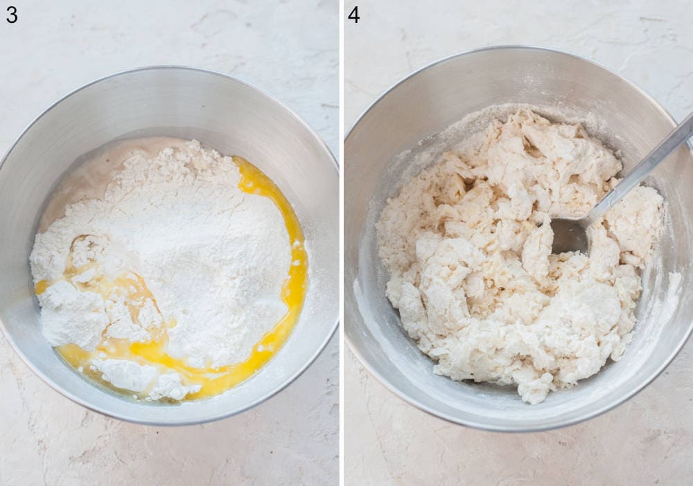 Yeast dough ingredients in a bowl. Roughly combined dough ingredients in a bowl.