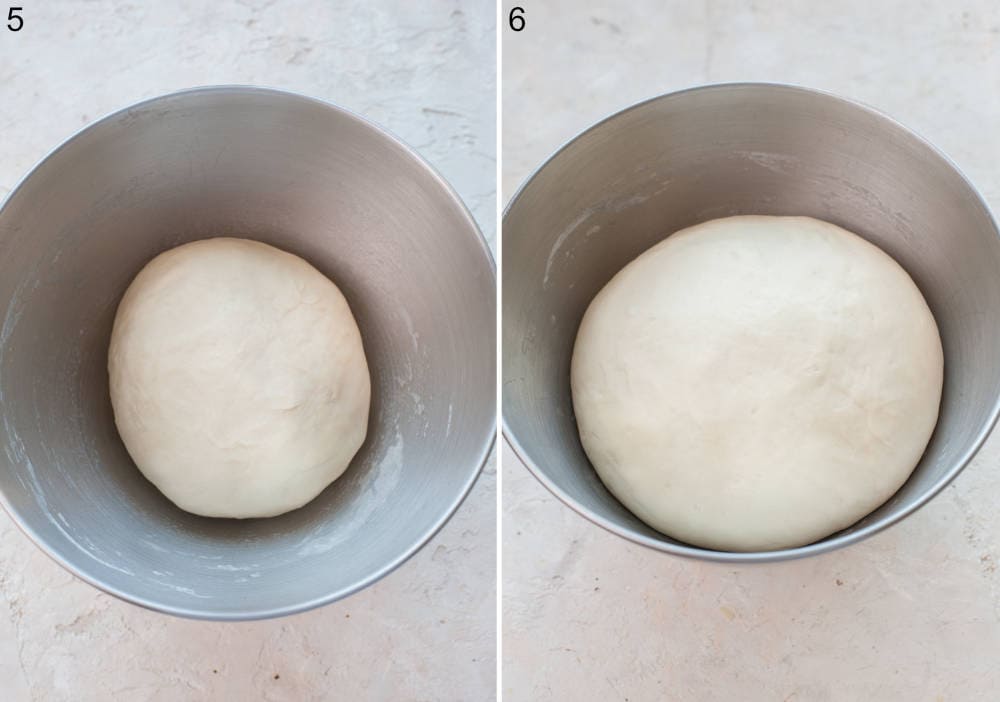 Pretzel dough in a bowl. Proofed pretzel dough in a bowl.