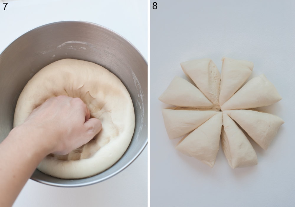 Yeast dough in a bowl is being punched with a hand. Yeast dough cut into 8 parts on a silicone mat.