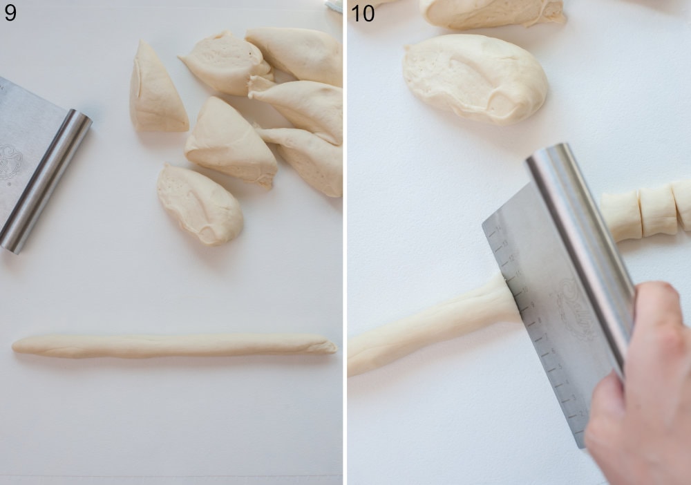 Collage of 2 photos showing how to shape pretzel bites.