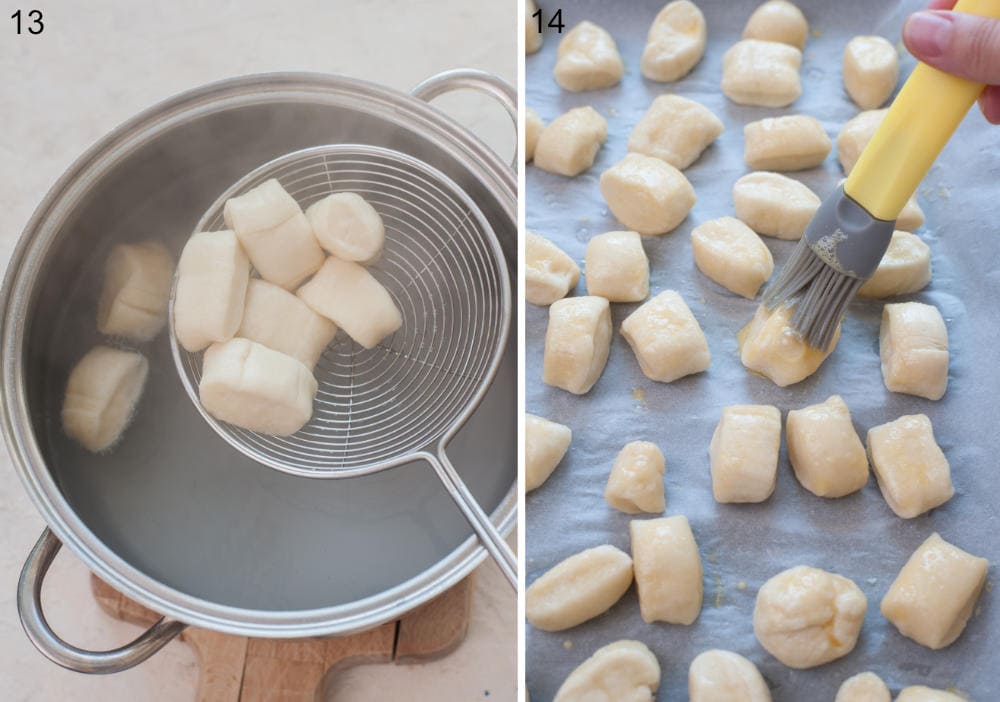 Pretzel bites are being cooked in a pot. Pretzel bites are being brushed with beaten egg.