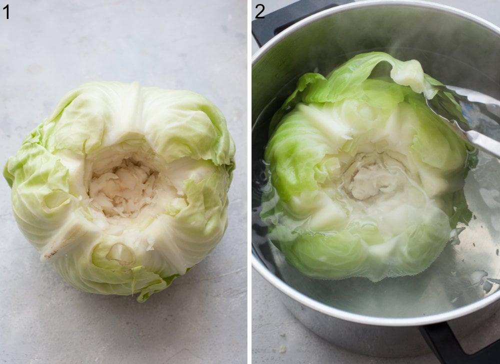 Cabbage head with cut off core. A head of cabbage is being cooked in a pot.