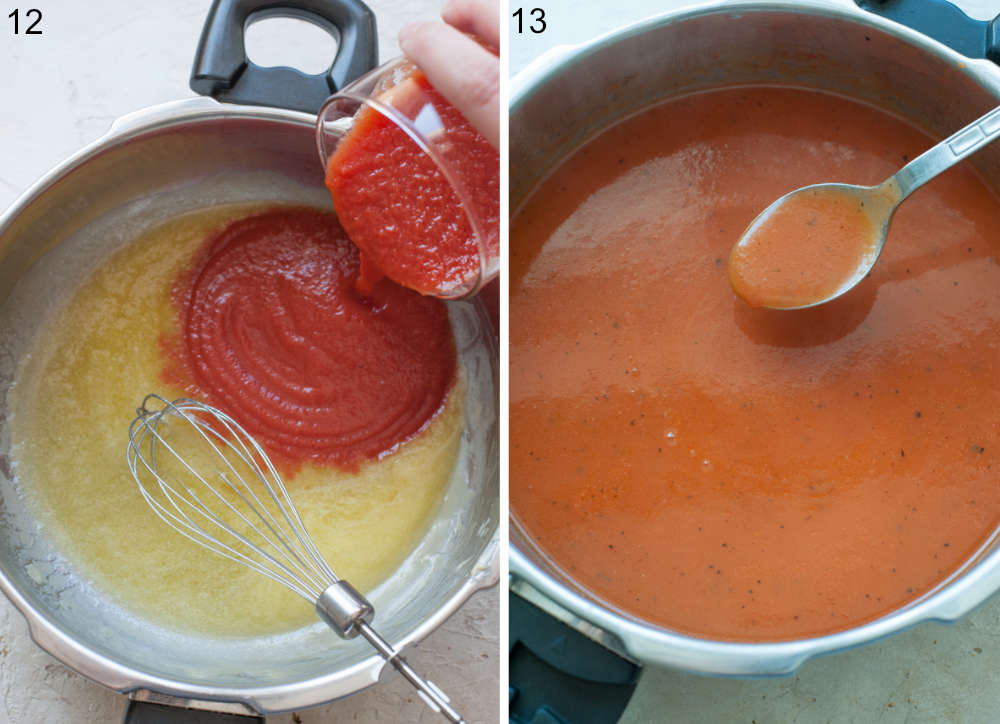 Tomato passata is being added to a roux in a pot. Tomato sauce in a pot.