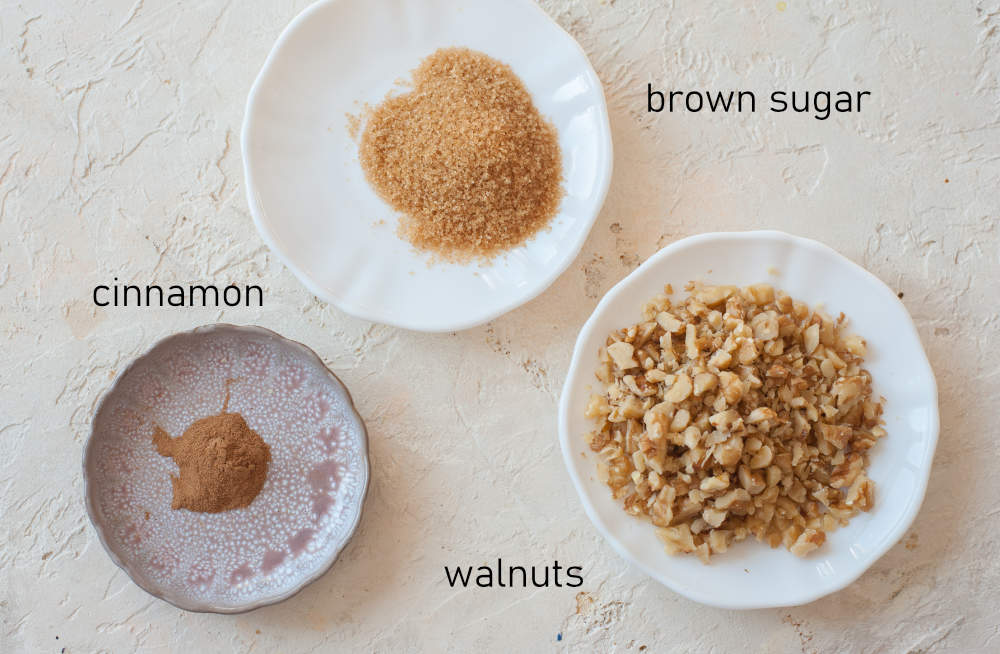 Labeled ingredients for brown sugar walnut cinnamon topping.