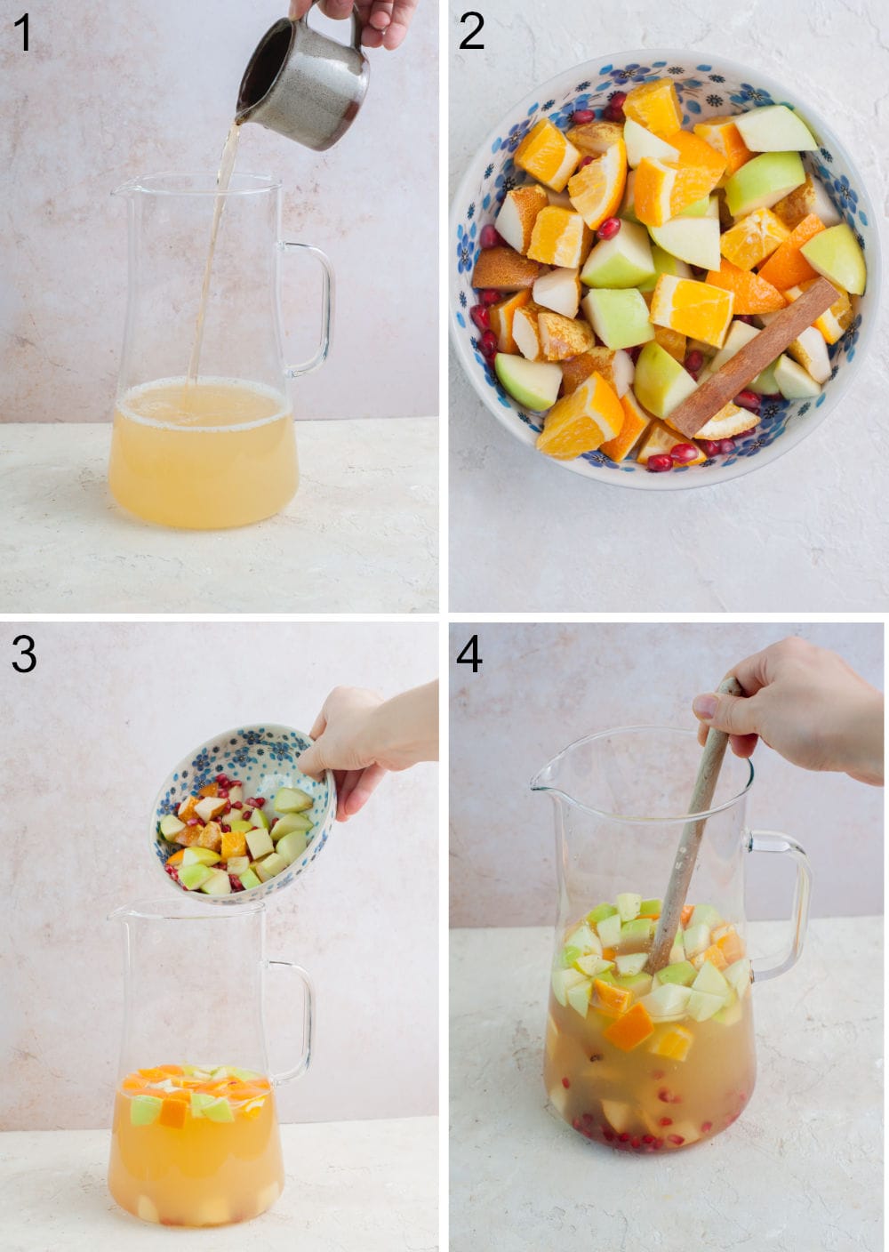 A collage of 4 photos showing how to prepare apple cider sangria.