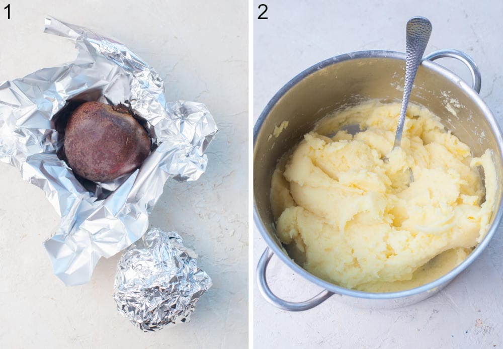 Beets wrapped in aluminum foil. Mashed potatoes in a pot.