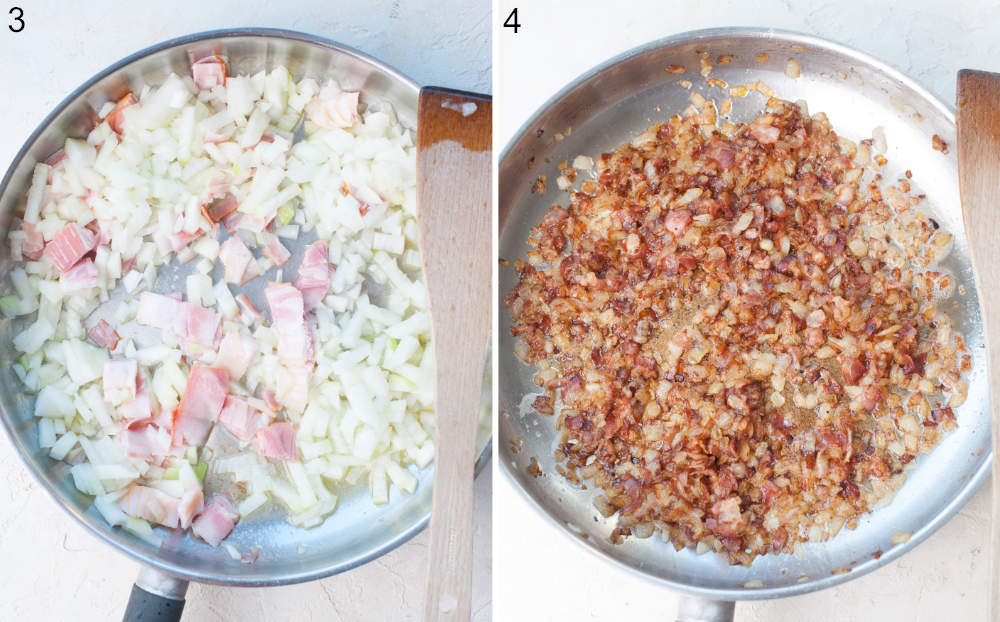 Raw onions and bacon in a pan. Cooked onions and bacon in a pan.