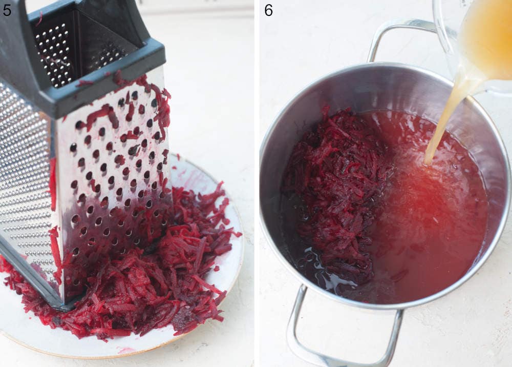 Grated beets and a box grated on a white plate. Broth is being added to beets in a pot.