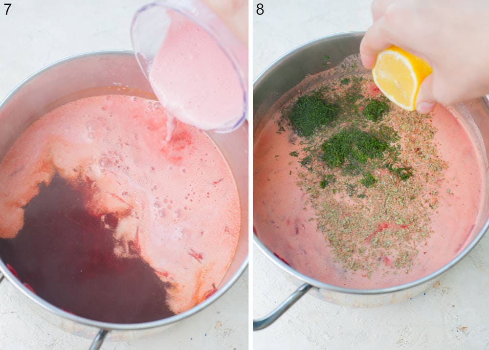 Cream is being added to beet soup in a pot. Lemon juice is being squeezed into a pot with beet soup.