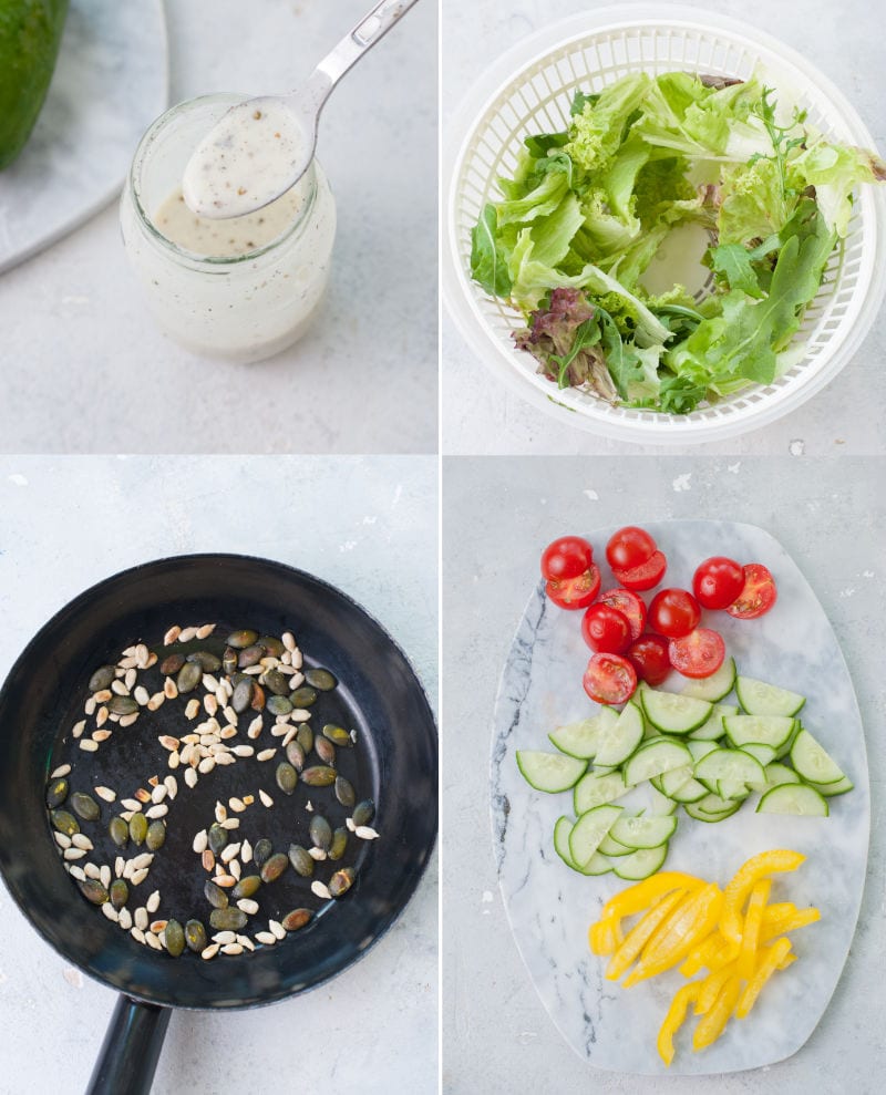 A collage of 4 photos showing preparation steps of salad with yogurt dressing.