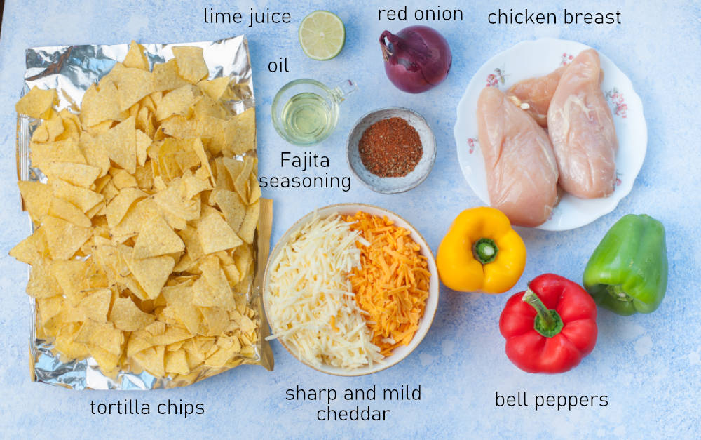 Labeled ingredients needed to prepare chicken fajita nachos.