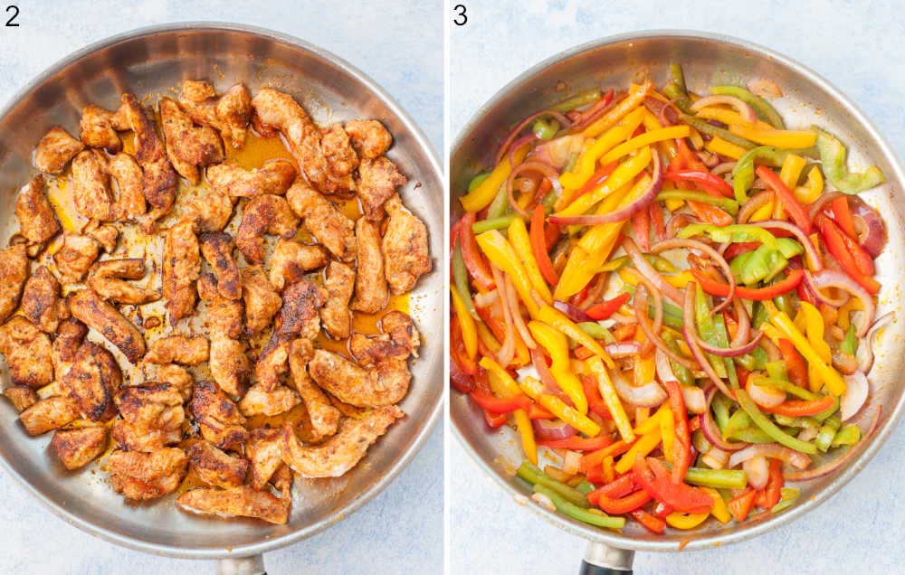 Pan-fried chicken in a frying pan. Bell peppers and onion in a frying pan.